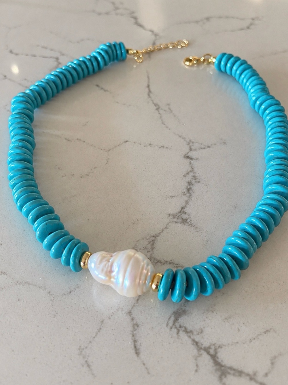 Turquoise Bead and Baroque Pearl Choker Necklace